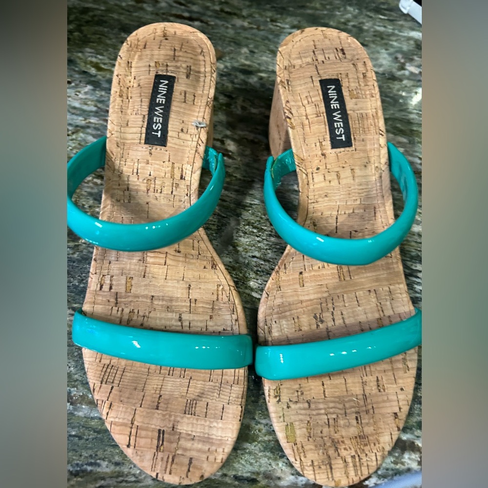 Nine West Green and Cork Heeled Sandals